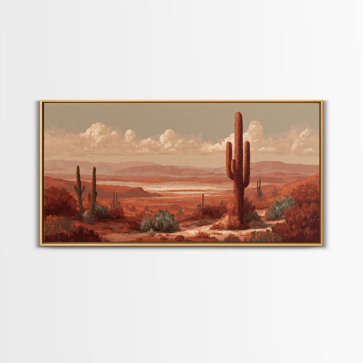 Desert Landscape in Warm Terracotta Tones Framed Canvas Print, Wall Art, Wall Clock, Living Room Decor, Watercolor Art, WAL-2x1-51