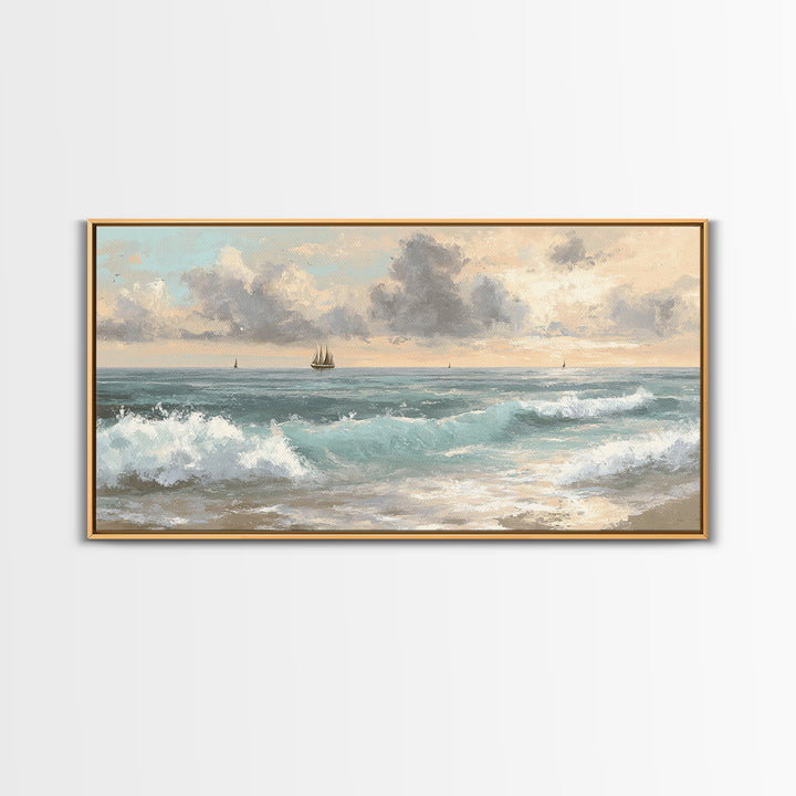 Classic Seascape with Dramatic Clouds Canvas Print, Wall Art, Wood Wall Art, Living Room Decor, Abstract Art, WAL-2x1-71