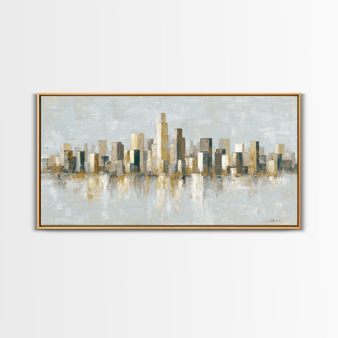 Urban Skyline in Muted Evening Color Framed Canvas Print, Wall Art, Art Print, Living Room Decor, Abstract Art, WAL-2x1-86