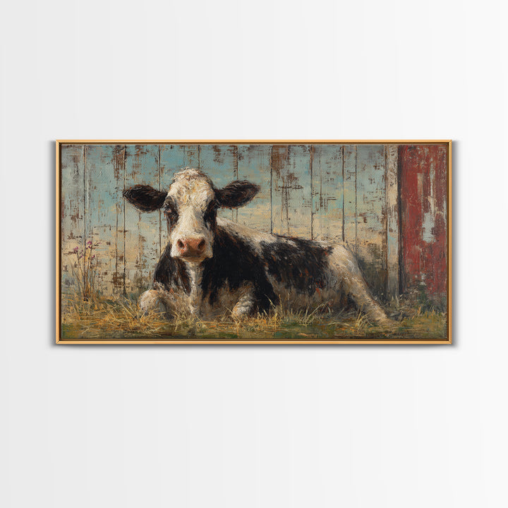 Rustic Farmhouse Cow Portrait Framed Canvas Print, Wall Art, Textured Wall Art, Living Room Decor, Oil Painting, WAL-2x1-87