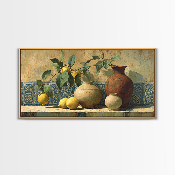 Mediterranean Lemon Branch Still Life Framed Canvas Print, Wall Art, Heart, Living Room Decor, Fine Art, Home Decor Gift, WAL-2x1-90