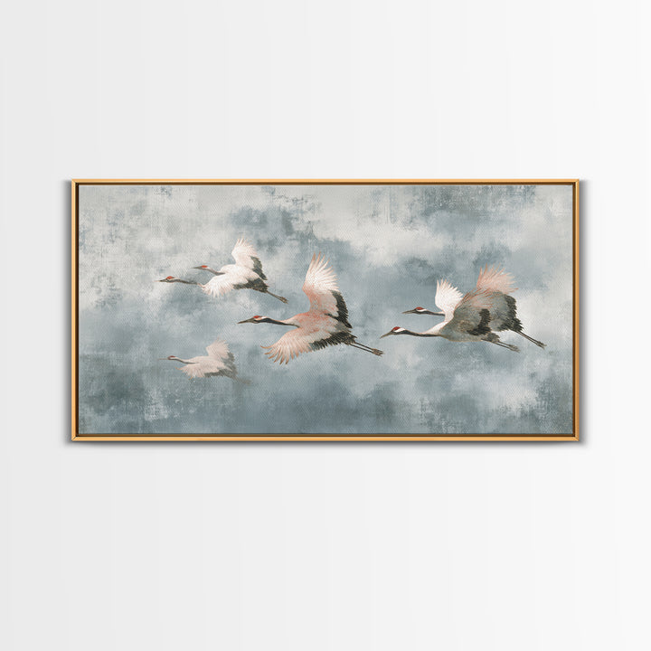Monochrome Ink Crane Composition Framed Canvas Print, Wall Art, Wall Art for Mom, Living Room Decor, Oil Painting, WAL-2x1-92
