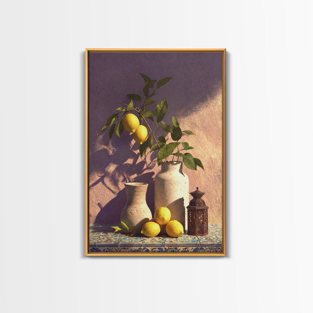 Mediterranean Lemon Branch Still Life Framed Canvas Print, Wall Art, Minimalist Decor, Living Room Decor, Oil Painting, WAL-2x3-30