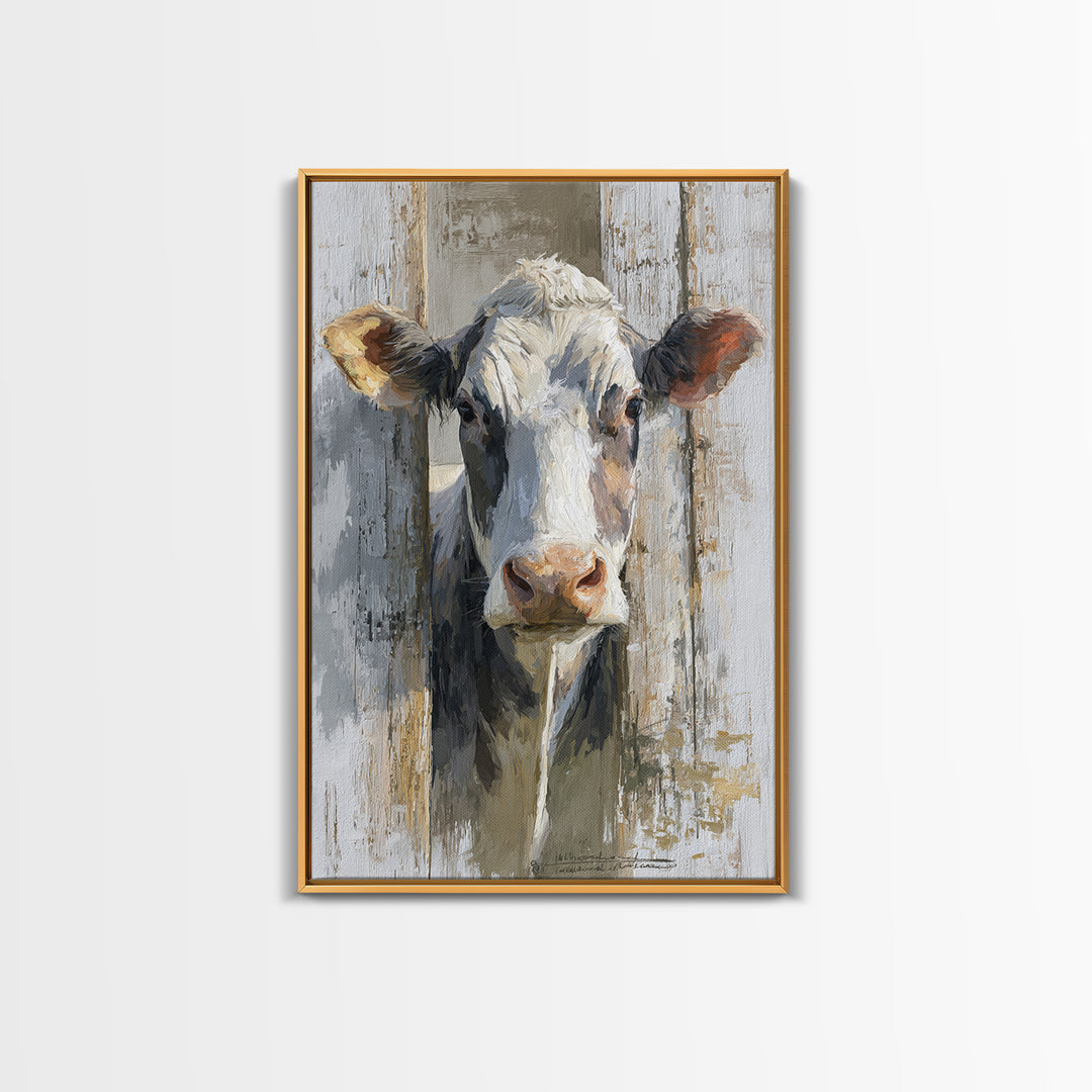 Rustic Farmhouse Cow Portrait Framed Canvas Print, Wall Art, Heart, Living Room Decor, Fine Art, Home Decor Gift, WAL-2x3-51