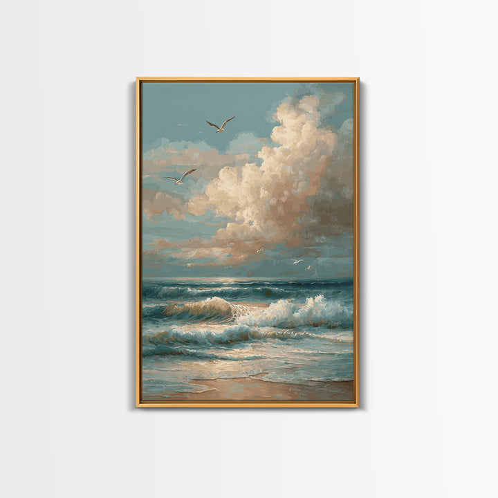 Classic Seascape with Dramatic Clouds Framed Canvas Print, Wall Art, Wall Art for Mom, Living Room Decor, Oil Painting, WAL-2x3-59