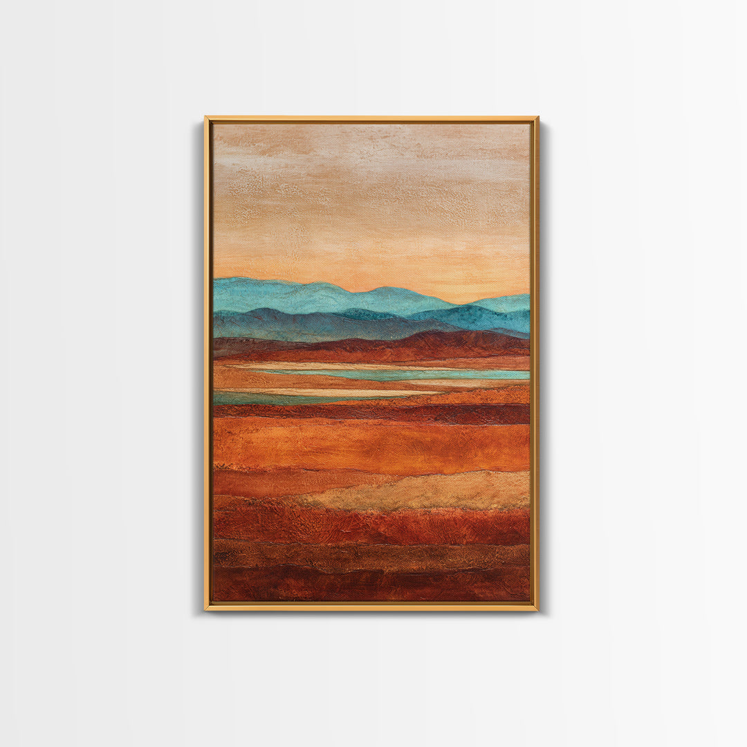 Desert Landscape in Warm Terracotta Tones Framed Canvas Print, Wall Art, Wall Clock, Living Room Decor, Watercolor Art, WAL-2x3-63