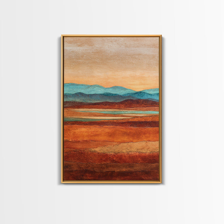 Desert Landscape in Warm Terracotta Tones Framed Canvas Print, Wall Art, Wall Clock, Living Room Decor, Watercolor Art, WAL-2x3-63
