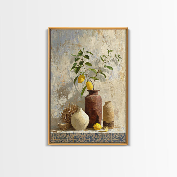 Mediterranean Lemon Branch Still Life Framed Canvas Print, Wall Art, Canvas, Living Room Decor, Watercolor Art, WAL-2x3-78