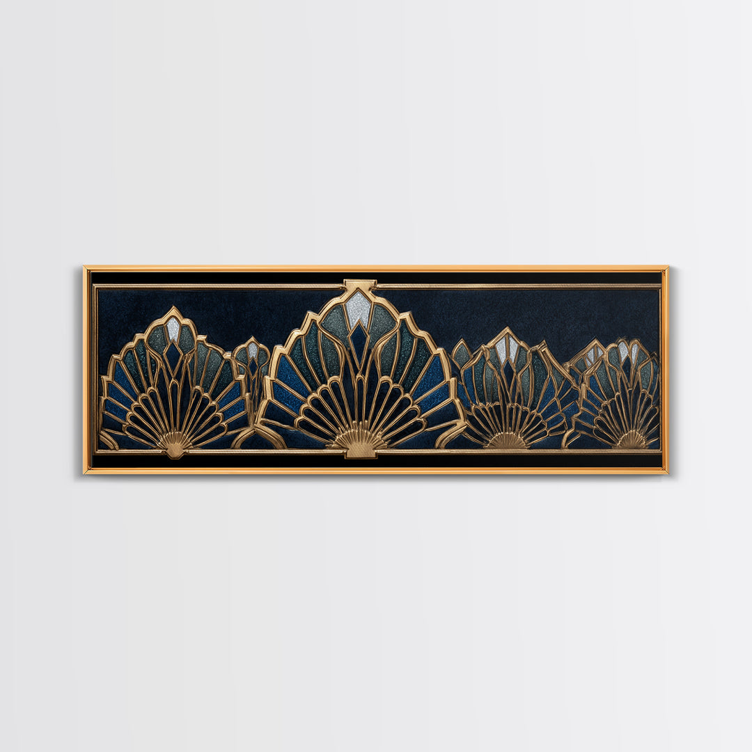 Art Deco Gold Fan Pattern Framed Canvas Print, Wall Art, Digital Print, Living Room Decor, Fine Art, Luxury Decor, WAL-3x1-12