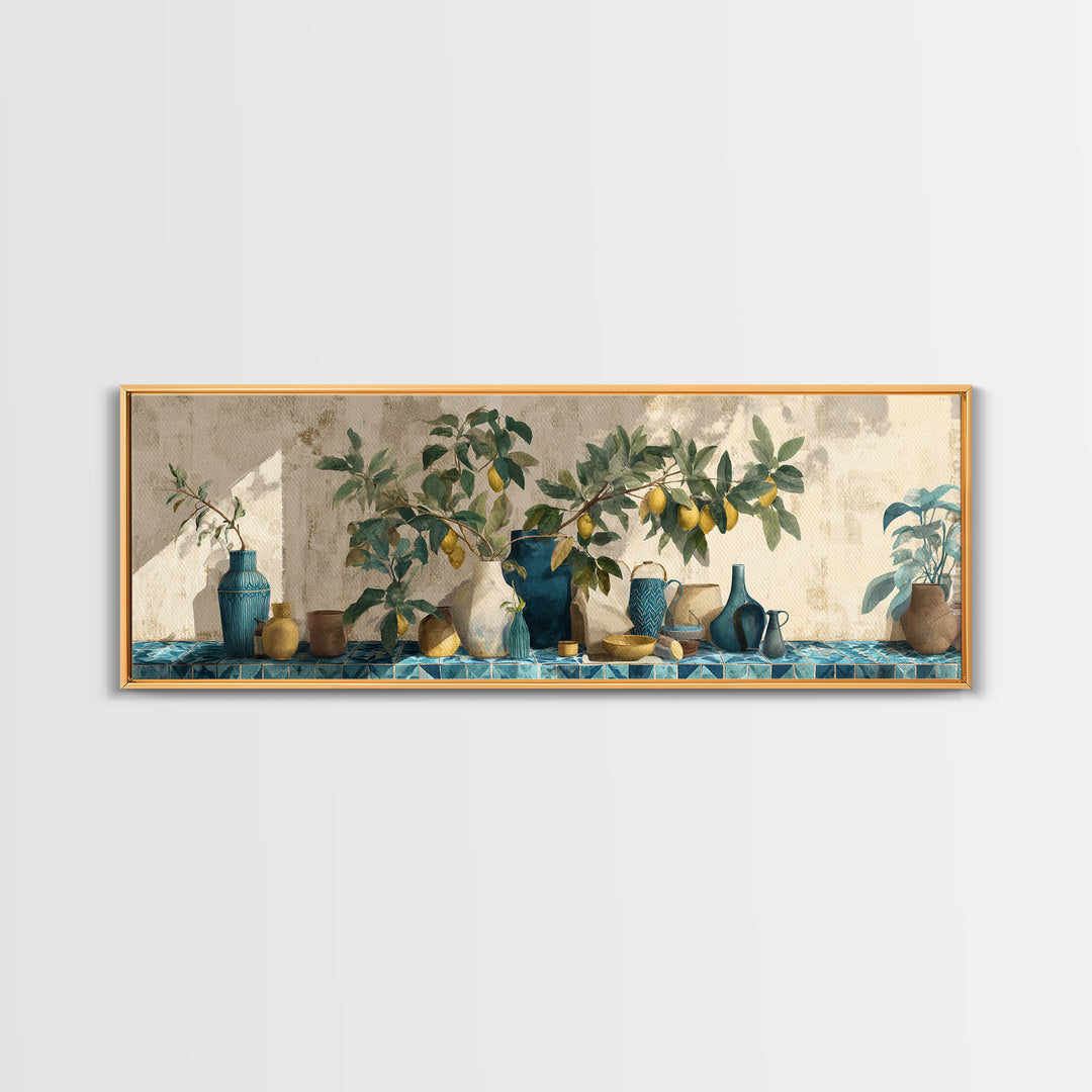 Mediterranean Lemon Branch Still Life Canvas Print, Wall Art, Metal Wall Art, Living Room Decor, Oil Painting, WAL-3x1-38