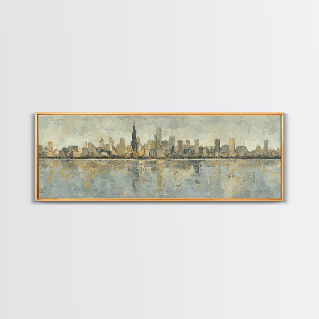 Urban Skyline in Muted Evening Color Framed Canvas Print, Wall Art, Art Deco, Living Room Decor, Fine Art, Abstract Wall Art, WAL-3x1-58
