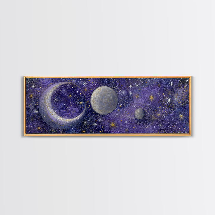 Celestial Moon and Stars Artwork Canvas Print, Wall Art, Digital Print, Living Room Decor, Fine Art, Luxury Decor, WAL-3x1-6