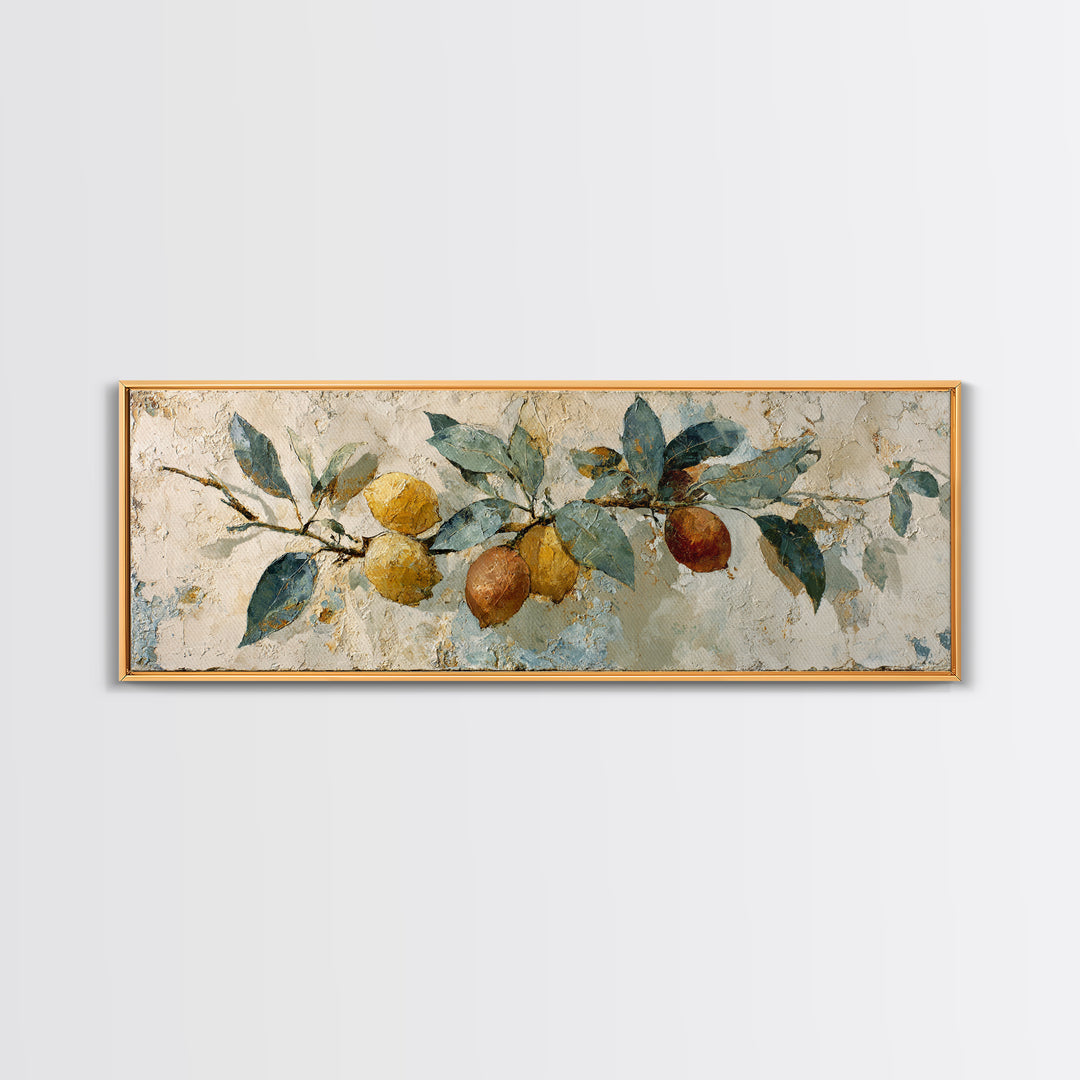 Mediterranean Lemon Branch Still Life Canvas Print, Wall Art, Boho Decor, Living Room Decor, Fine Art, Painting, WAL-3x1-62