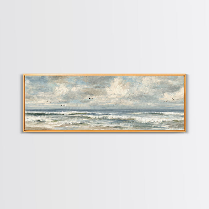 Classic Seascape with Dramatic Clouds Framed Canvas Print, Wall Art, Mid Century Modern, Living Room Decor, Abstract Art, WAL-3x1-67