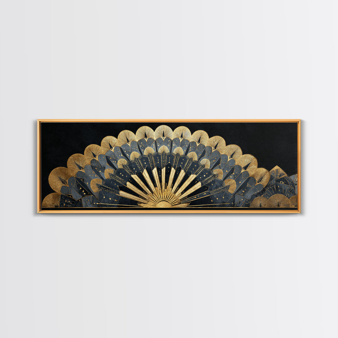 Art Deco Gold Fan Pattern Framed Canvas Print, Wall Art, Painting, Living Room Decor, Fine Art, Wall Hanging, WAL-3x1-84
