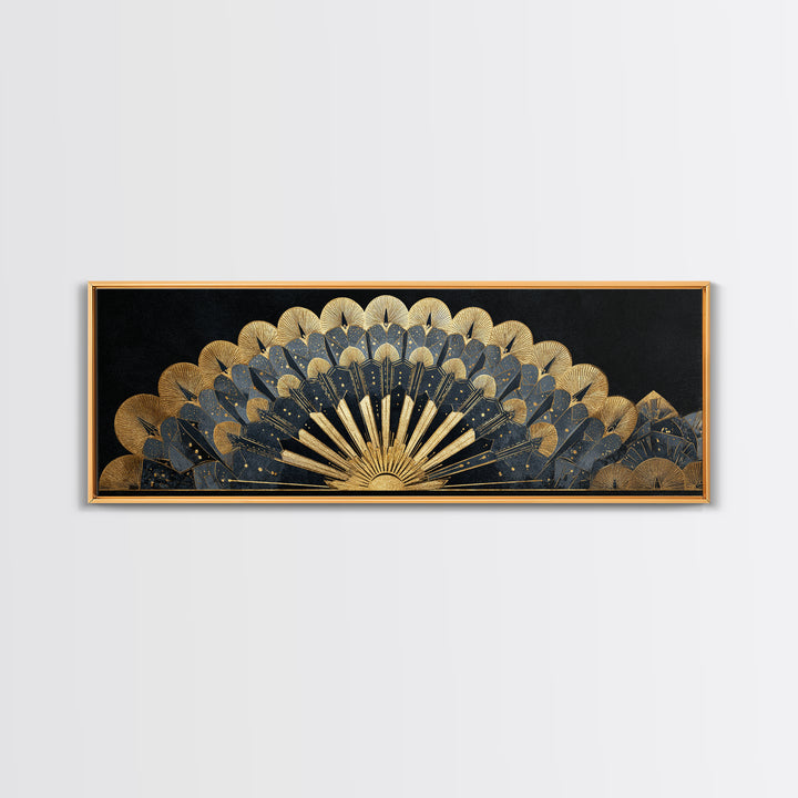Art Deco Gold Fan Pattern Framed Canvas Print, Wall Art, Painting, Living Room Decor, Fine Art, Wall Hanging, WAL-3x1-84