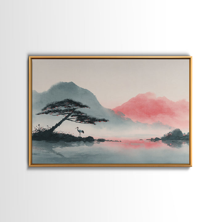 Monochrome Ink Crane Composition Framed Canvas Print, Wall Art, Living Room Decor, Oil Painting, Metal Wall Art, WAL-3x2-100