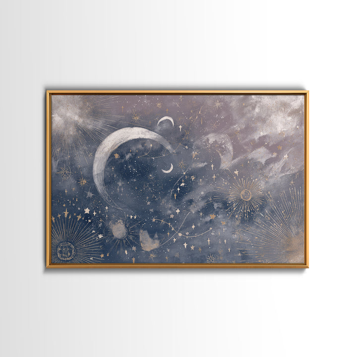 Celestial Moon and Stars Artwork Framed Canvas Print, Wall Art, Digital Wall Art, Living Room Decor, Fine Art, WAL-3x2-18