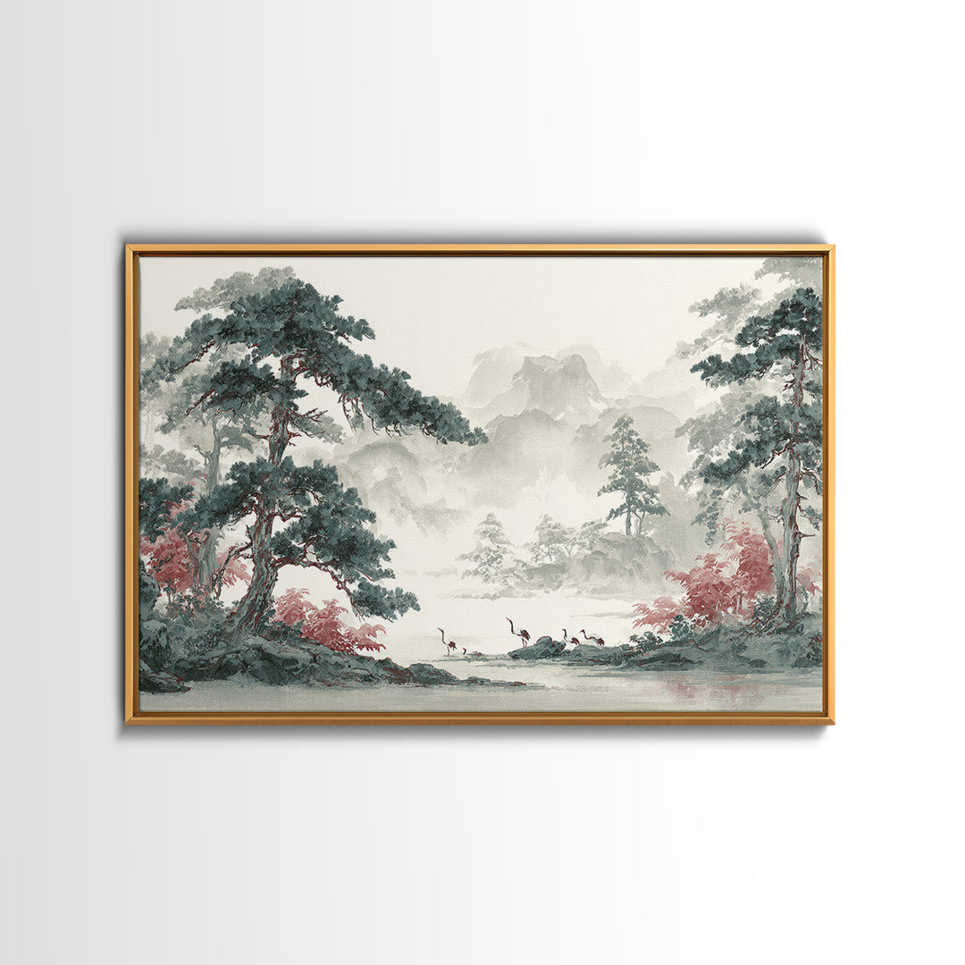 Monochrome Ink Crane Composition Framed Canvas Print, Wall Art, Original Art, Living Room Decor, Fine Art, Modern Decor, WAL-3x2-28