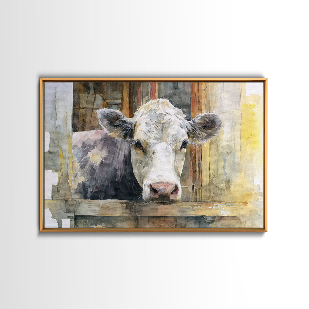 Rustic Farmhouse Cow Portrait Framed Canvas Print, Wall Art, Canvas, Living Room Decor, Oil Painting, Canvas Wall Art, WAL-3x2-95