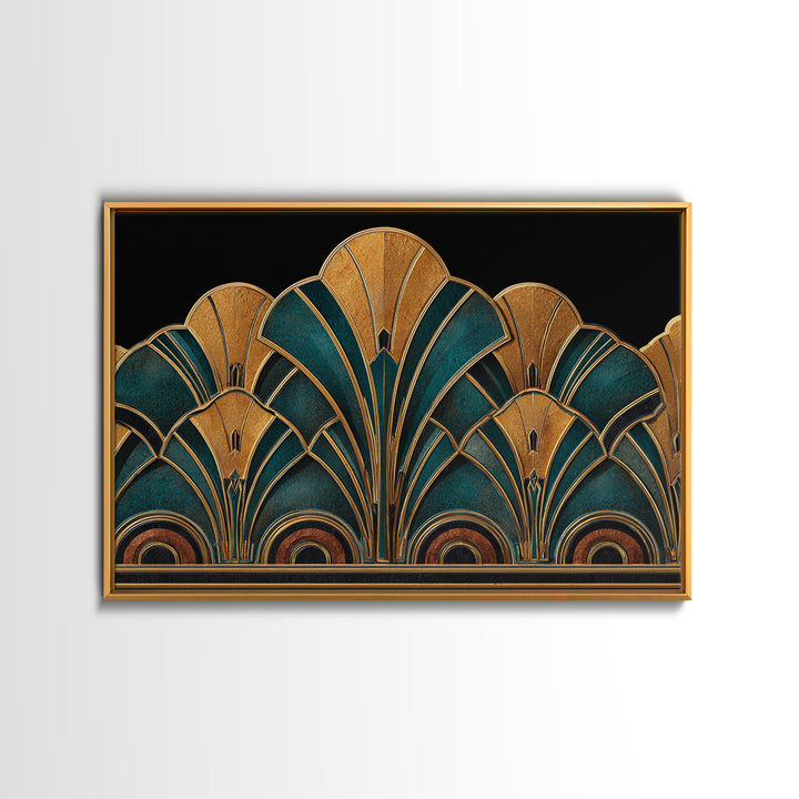 Art Deco Gold Fan Pattern Framed Canvas Print, Wall Art, Painting, Living Room Decor, Fine Art, Wall Hanging, WAL-3x2-96