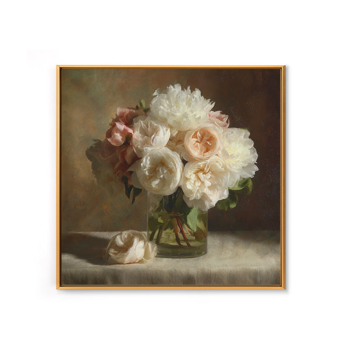Romantic Bouquet of White Roses and Peonies Canvas Print, Wedding Art, Wedding Painting, Living Room Decor, Fine Art, Romance, WED-1x1-25