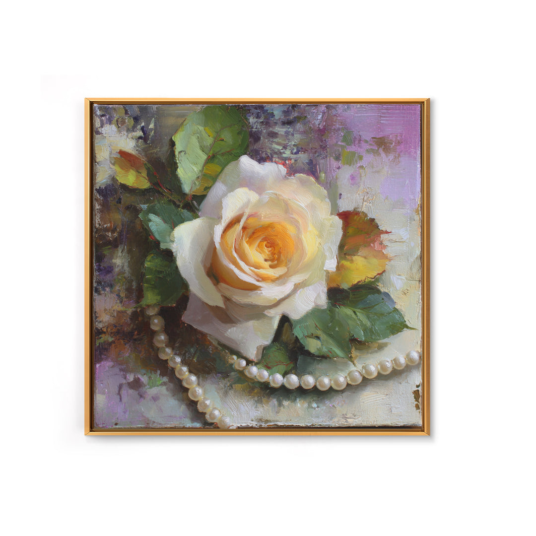 Pearl Necklace and Rose Still Life Canvas Print, Wedding Art, Framed Art, Living Room Decor, Watercolor Art, Romance, WED-1x1-36