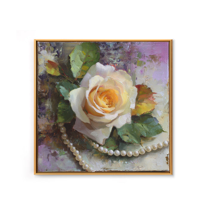 Pearl Necklace and Rose Still Life Canvas Print, Wedding Art, Framed Art, Living Room Decor, Watercolor Art, Romance, WED-1x1-36