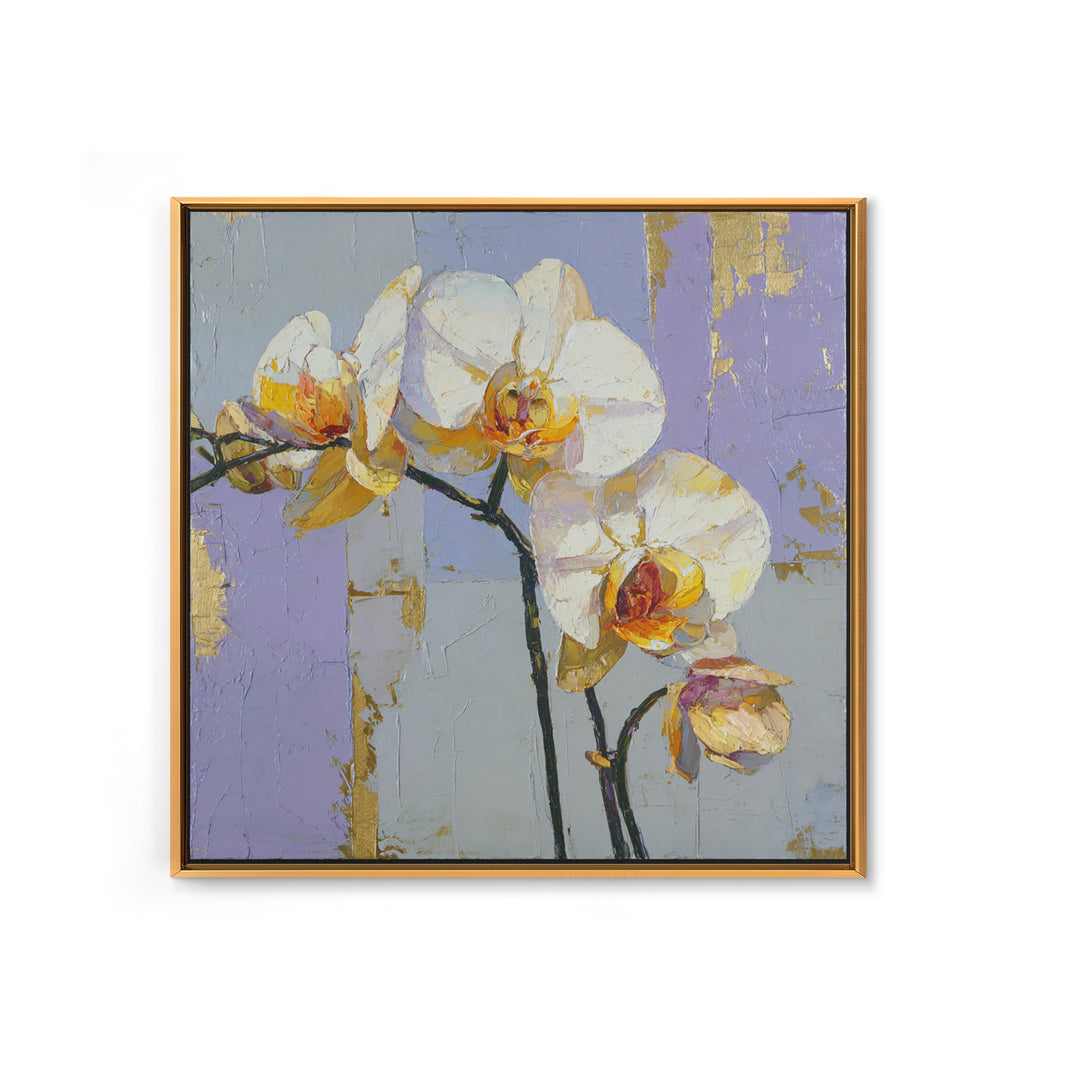 White Orchid and Gold Ribbon Composition Framed Canvas Print, Wedding Art, Wedding, Living Room Decor, Fine Art, Romance, WED-1x1-48