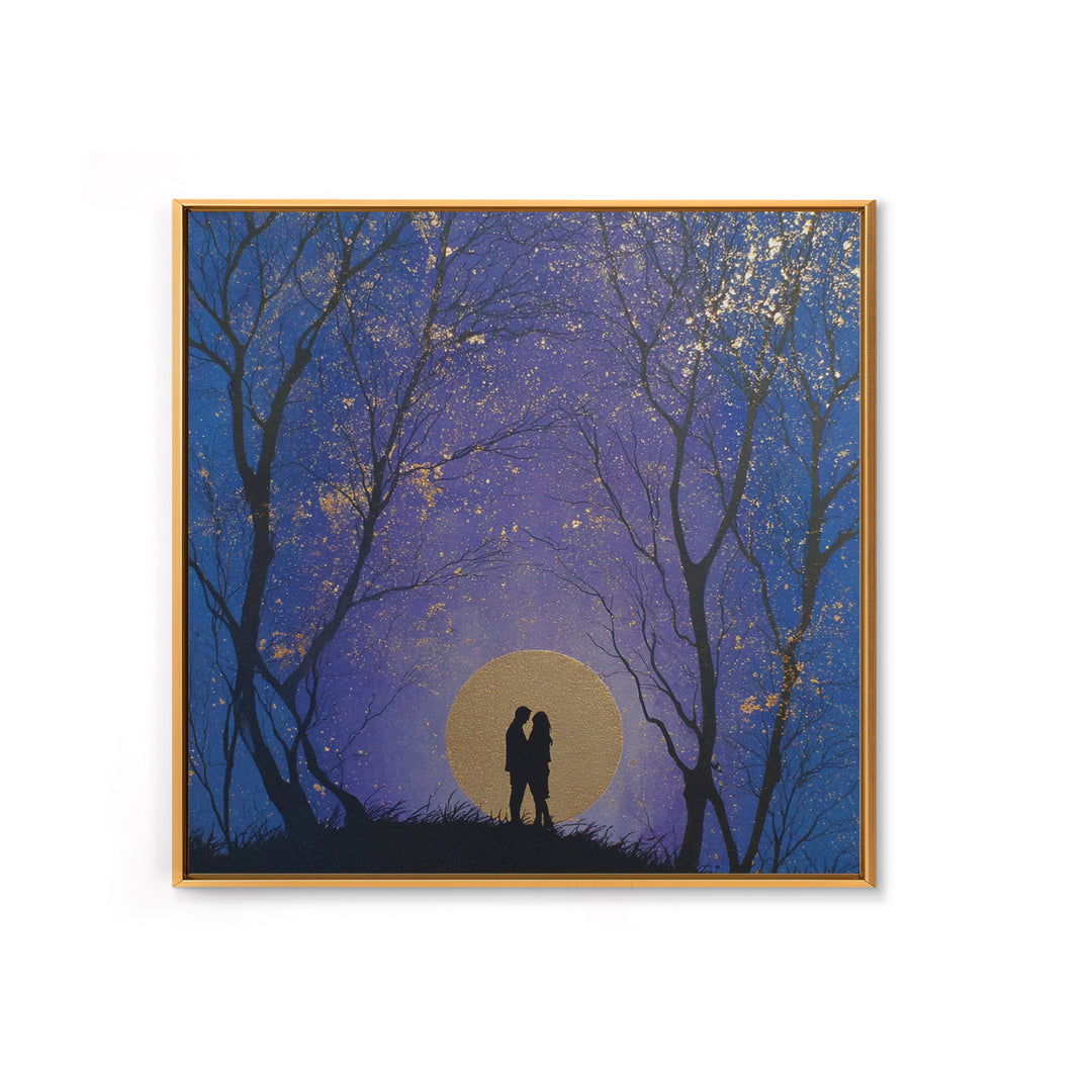 Couple Silhouette Beneath Moonlit Trees Framed Canvas Print, Wedding Art, Personalized Wedding, Living Room Decor, Romance, WED-1x1-53
