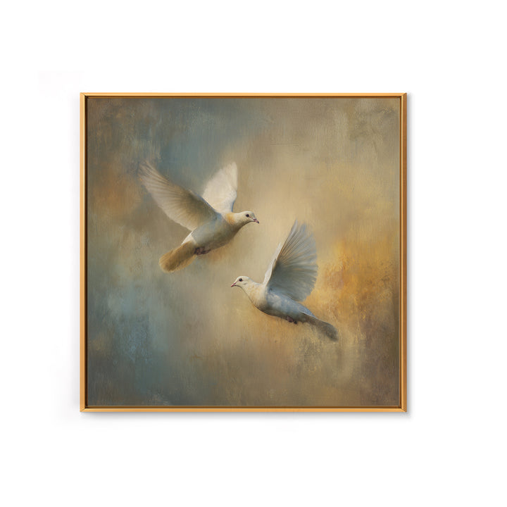 Doves Flying Through Soft Golden Light Canvas Print, Wedding Art, Wedding Painting, Living Room Decor, Fine Art, Romance, WED-1x1-59