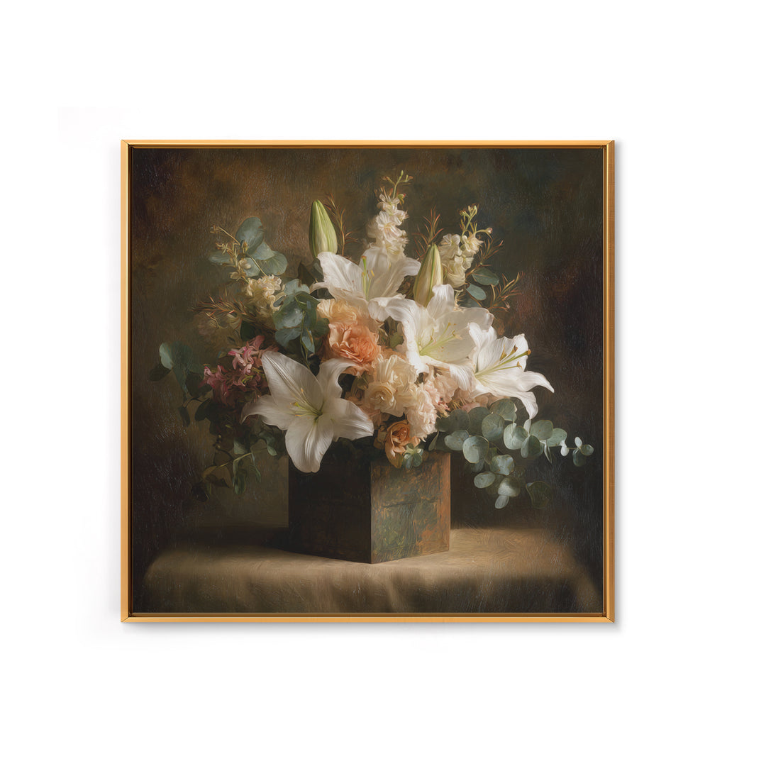 White Lilies and Eucalyptus Arrangement Canvas Print, Wedding Art, Modern Decor, Living Room Decor, Fine Art, Romance, WED-1x1-81