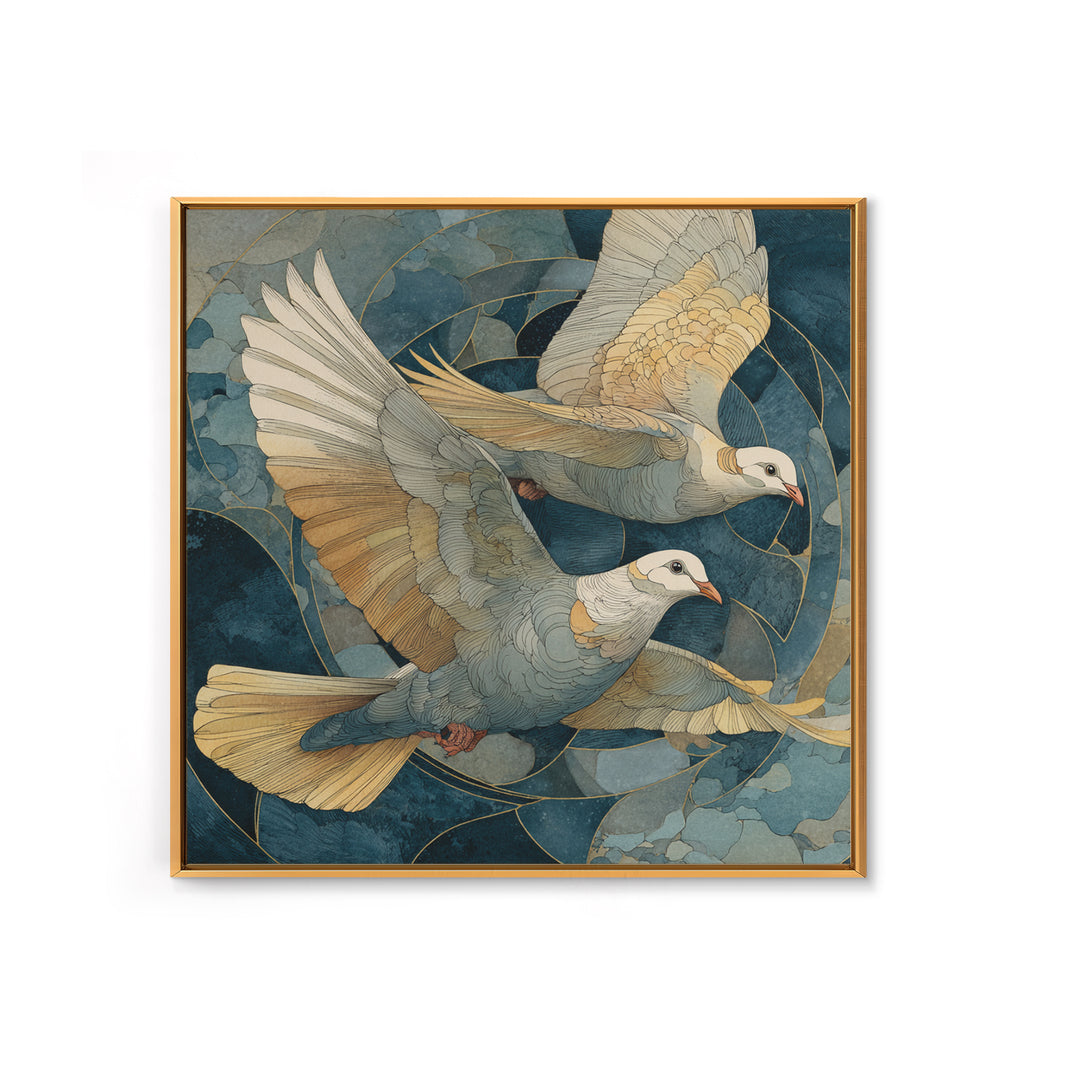 Doves Flying Through Soft Golden Light Framed Canvas Print, Wedding Art, Wall Decor, Living Room Decor, Fine Art, Romance, WED-1x1-83
