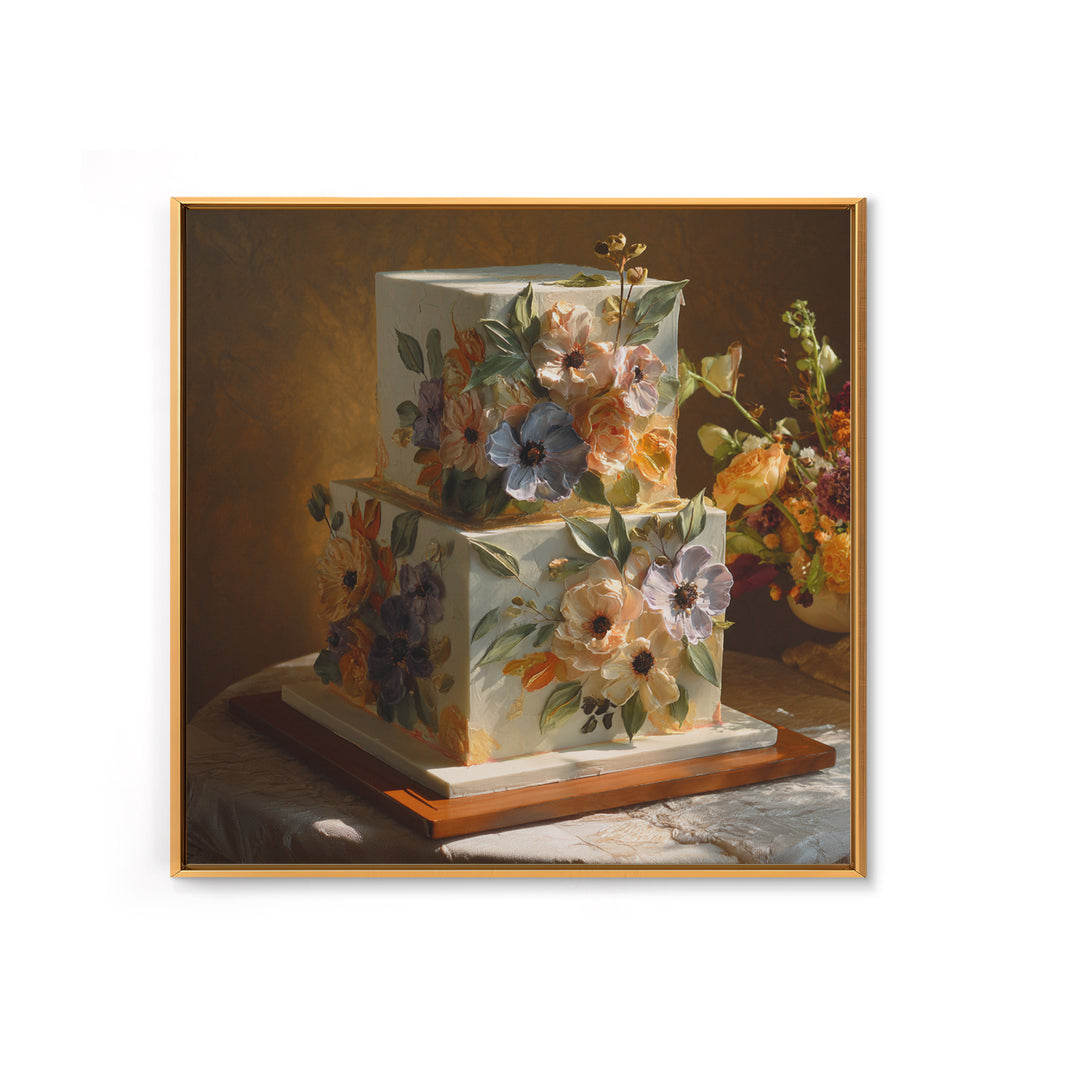 Wedding Cake with Flowers in Painterly Style Canvas Print, Wedding Art, Wedding Poster, Living Room Decor, Oil Painting, WED-1x1-86