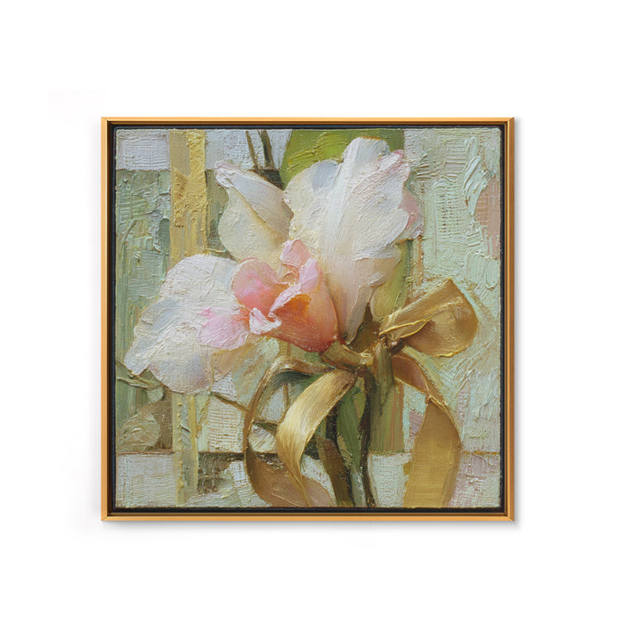 White Orchid and Gold Ribbon Composition Framed Canvas Print, Wedding Art, Wedding Gift, Living Room Decor, Fine Art, Romance, WED-1x1-96