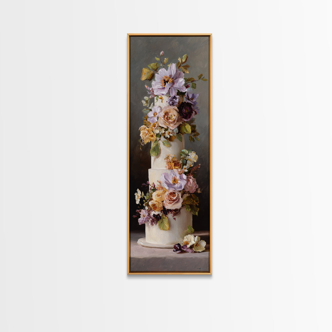 Wedding Cake with Flowers in Painterly Style Canvas Print, Wedding Art, Rustic Wedding, Living Room Decor, Watercolor Art, WED-1x3-2