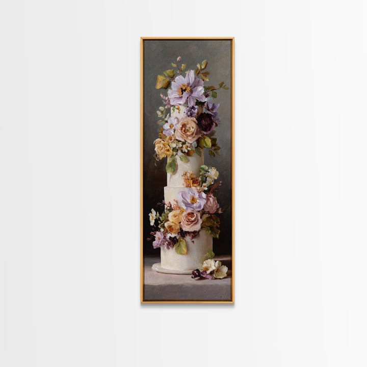 Wedding Cake with Flowers in Painterly Style Canvas Print, Wedding Art, Rustic Wedding, Living Room Decor, Watercolor Art, WED-1x3-2