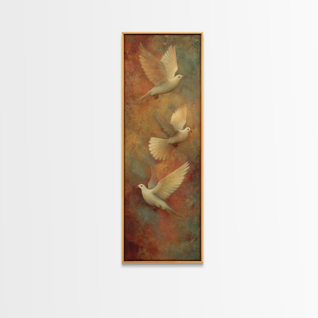 Doves Flying Through Soft Golden Light Canvas Print, Wedding Art, Boho Decor, Living Room Decor, Fine Art, Romance, Art Print, WED-1x3-23