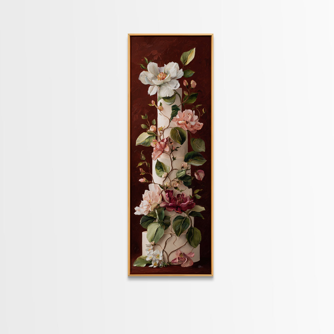 Wedding Cake with Flowers in Painterly Style Canvas Print, Wedding Art, Rustic Wedding, Living Room Decor, Watercolor Art, WED-1x3-26
