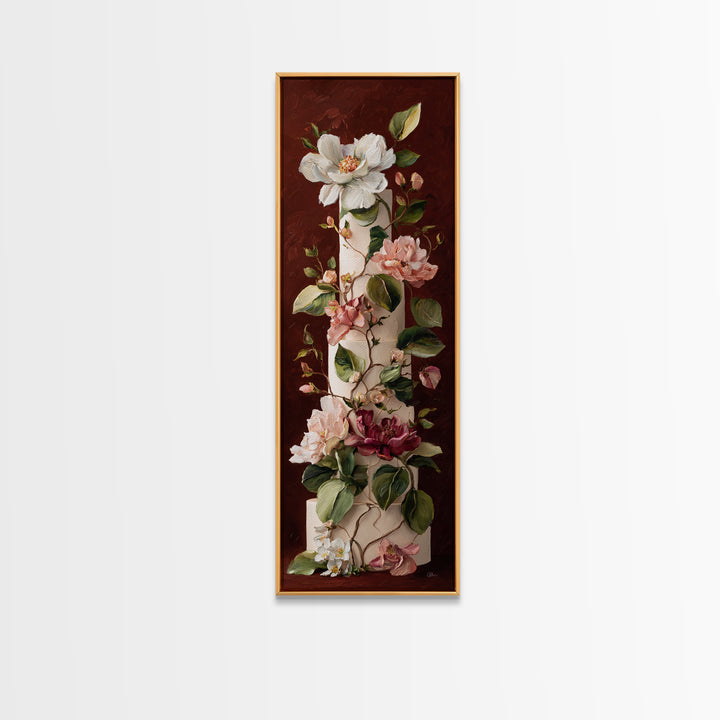 Wedding Cake with Flowers in Painterly Style Canvas Print, Wedding Art, Rustic Wedding, Living Room Decor, Watercolor Art, WED-1x3-26
