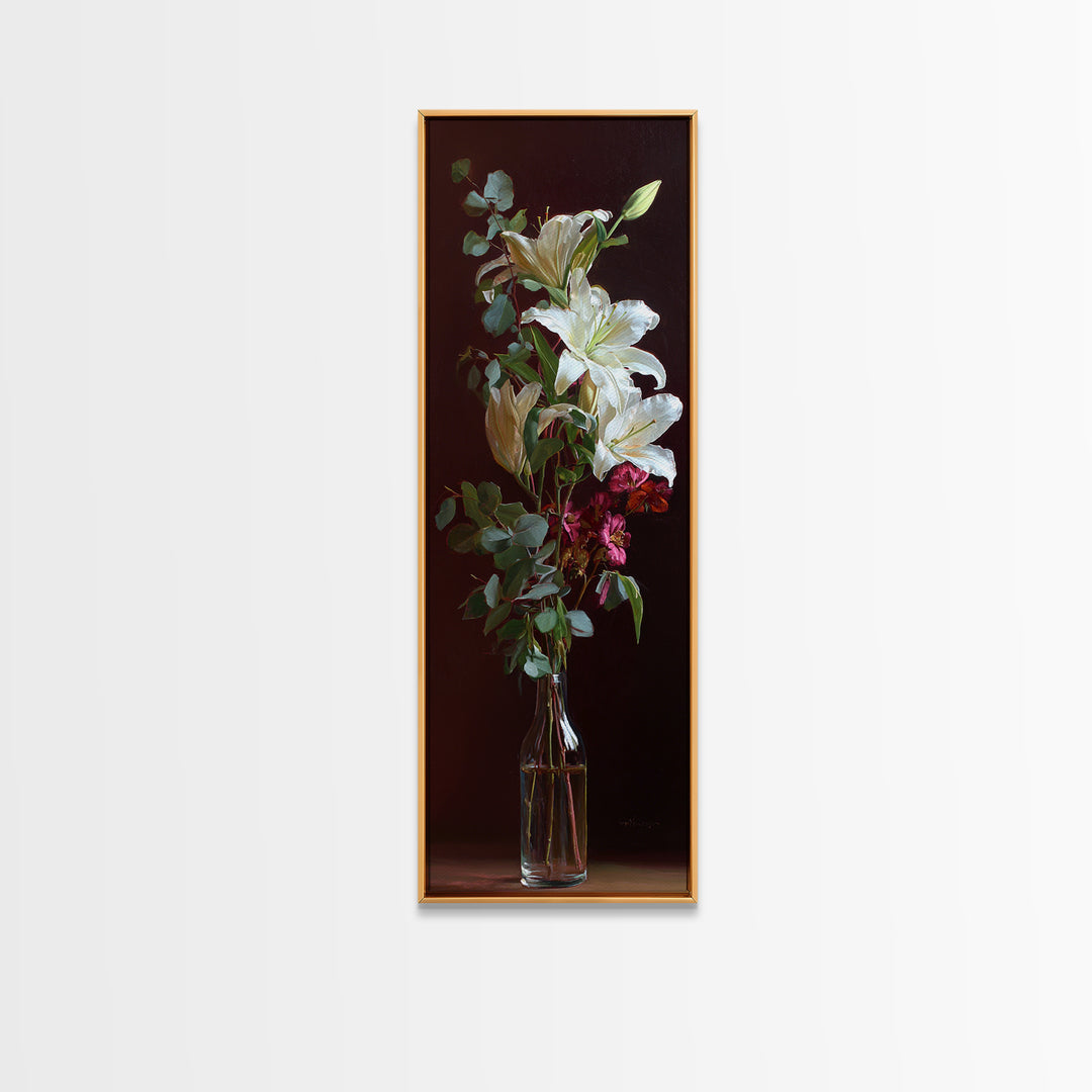 White Lilies and Eucalyptus Arrangement Framed Canvas Print, Wedding Art, Wedding Stationery, Living Room Decor, Oil Painting, WED-1x3-45