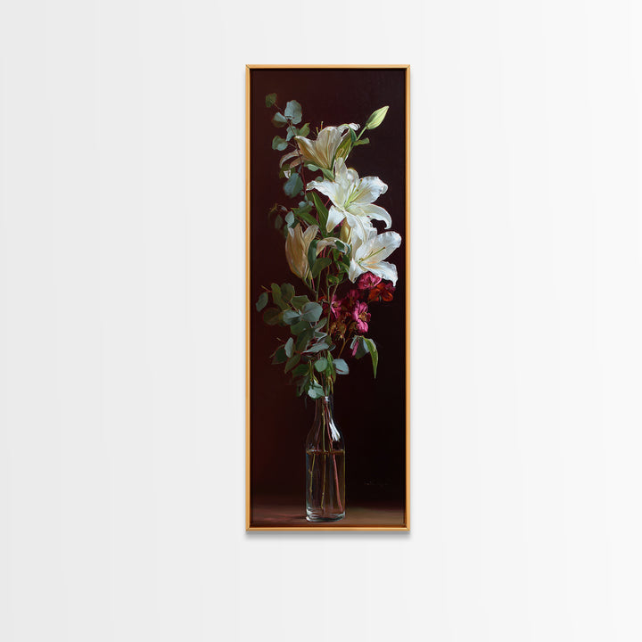 White Lilies and Eucalyptus Arrangement Framed Canvas Print, Wedding Art, Wedding Stationery, Living Room Decor, Oil Painting, WED-1x3-45