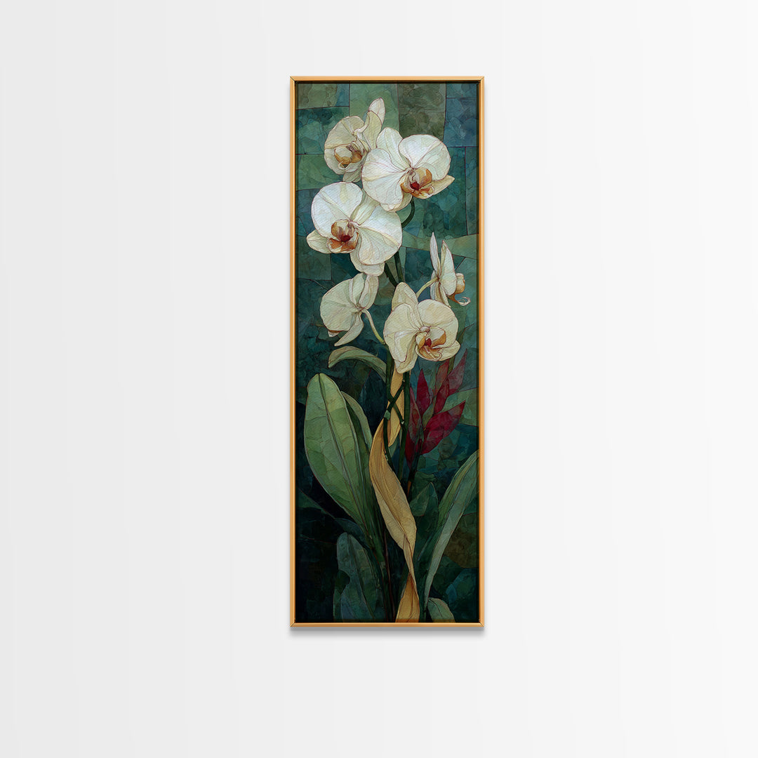 White Orchid and Gold Ribbon Composition Canvas Print, Wedding Art, Luxury Decor, Living Room Decor, Abstract Art, Romance, WED-1x3-60