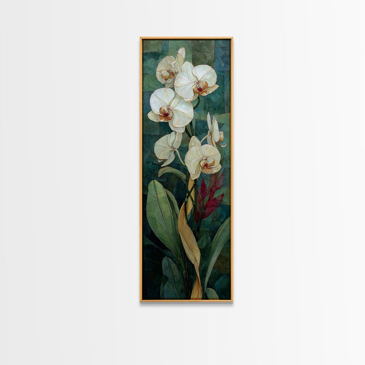 White Orchid and Gold Ribbon Composition Canvas Print, Wedding Art, Luxury Decor, Living Room Decor, Abstract Art, Romance, WED-1x3-60