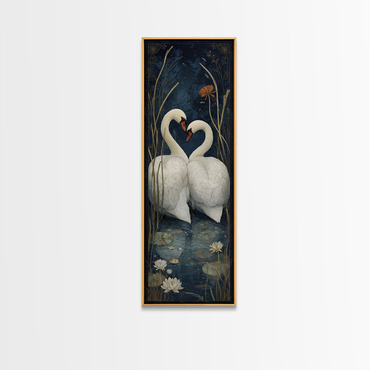 Two Swans Forming a Heart on Dark Framed Canvas Print, Wedding Art, Wedding Painting, Living Room Decor, Fine Art, Romance, WED-1x3-62