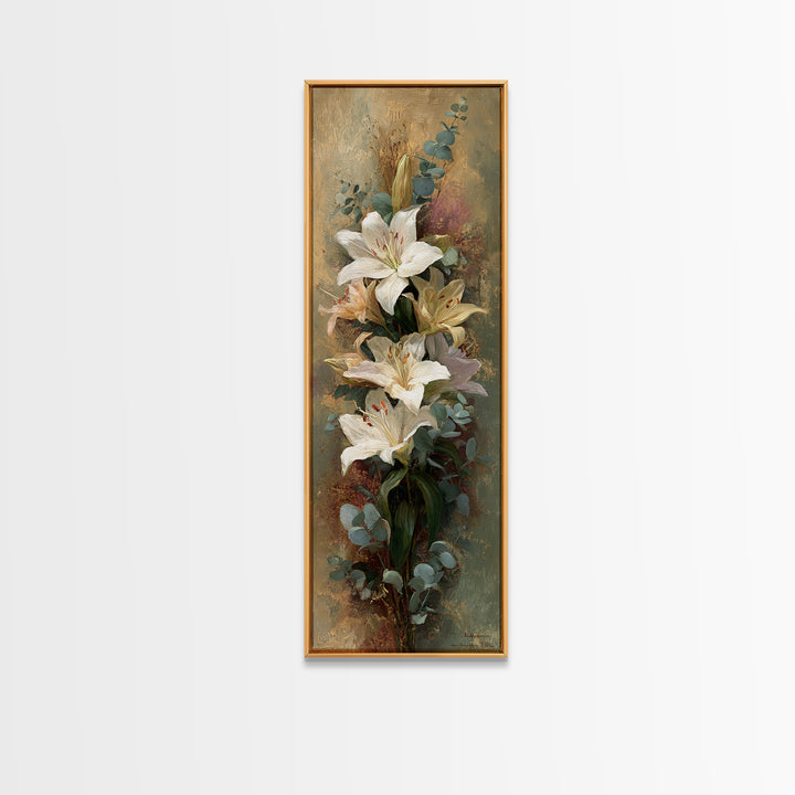 White Lilies and Eucalyptus Arrangement Framed Canvas Print, Wedding Art, Wedding Stationery, Living Room Decor, Oil Painting, WED-1x3-69