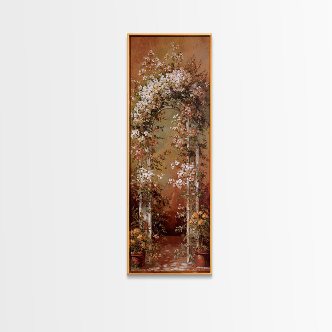 Romantic Garden Arch Covered Framed Canvas Print, Wedding Art, Wedding Reception, Living Room Decor, Watercolor Art, Romance, WED-1x3-70
