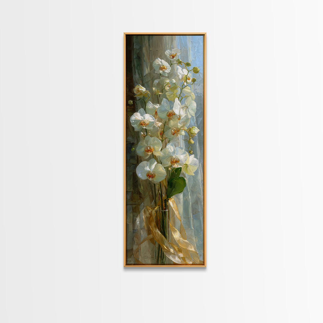 White Orchid and Gold Ribbon Composition Framed Canvas Print, Wedding Art, Art, Living Room Decor, Fine Art, Romance, WED-1x3-84