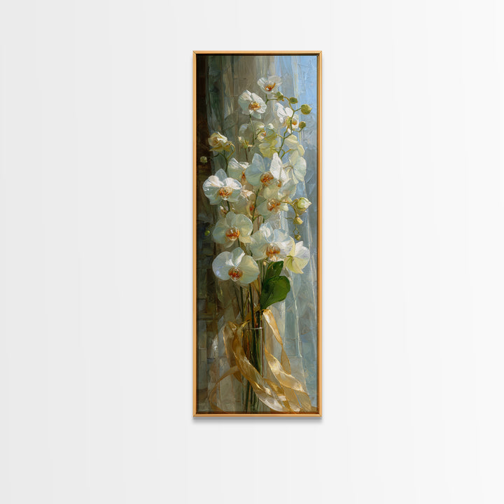 White Orchid and Gold Ribbon Composition Framed Canvas Print, Wedding Art, Art, Living Room Decor, Fine Art, Romance, WED-1x3-84