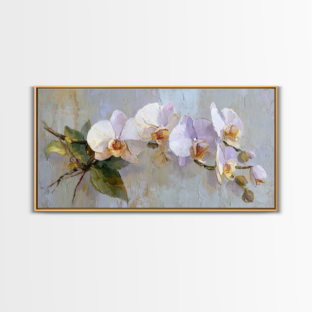 White Orchid and Gold Ribbon Composition Framed Canvas Print, Wedding Art, Modern Decor, Living Room Decor, Fine Art, Romance, WED-2x1-20